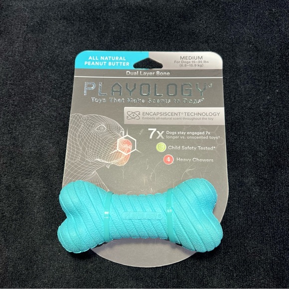 Playology Dual Layer Bone Dog Toy All-Natural Peanut Butter Scent Medium Blue - Picture 1 of 2